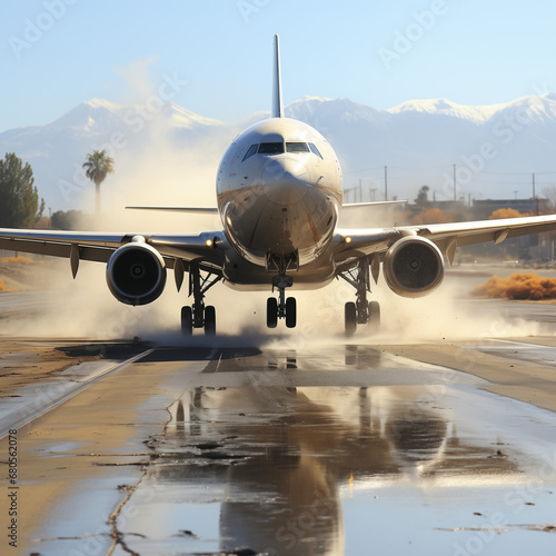 capturing the moment of takeoff as an airplane accelerates down the airport runway