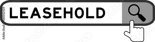Search banner in word leasehold with hand over magnifier icon on white background