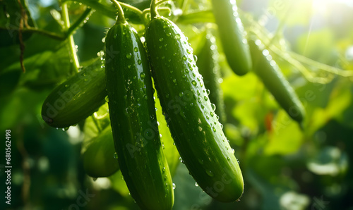 Greenhouse Freshness: Close-Up of Growing Cucumbers