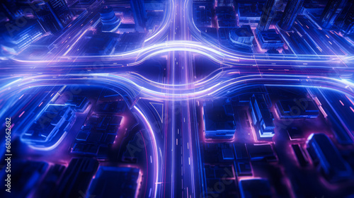 Blue-hued urban roads intersecting in a dynamic display of futuristic city planning. Technological progress concept. Generative AI