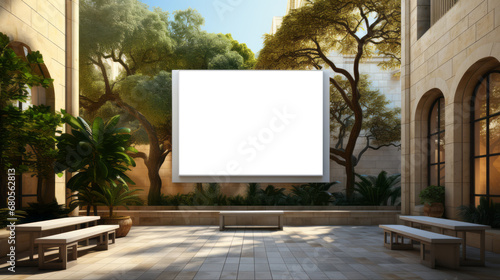 Tranquil courtyard with blank poster and lush greenery on classical architecture. Calm and nature concept. Generative AI