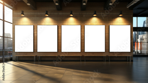 Gallery hall with spotlighting on multiple mockup poster templates. Generative AI photo