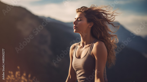 Yoga woman with closed eyes meditates. Relaxation concept. Mountains background. Ai generative