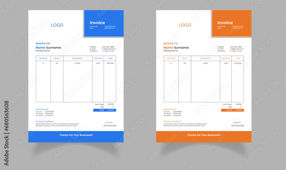 Minimal professional business invoice template set | Blue and Light Orange colors Minimal professional business invoice template set | Blue and Light Orange colors