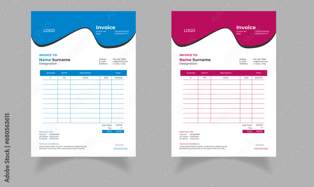 Modern and abstract professional business invoice template set | Blue and Dark Pink colors