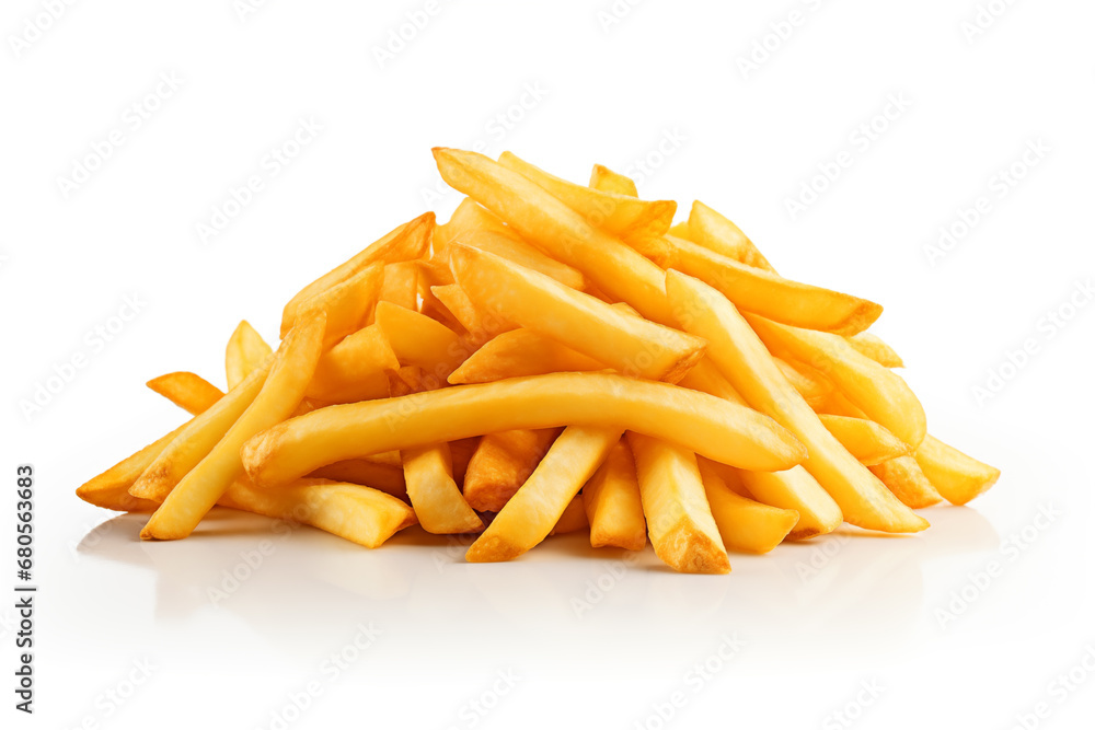 Heap of Crispy Golden French Fries perfect for use in advertising of fast food at its finest. Isolated on White Background Heap of Crispy Golden French Fries perfect for use in advertising of fast food at its finest. Isolated on White Background