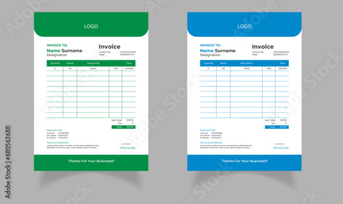 Modern and minimal professional business invoice template set | Blue and Green colors