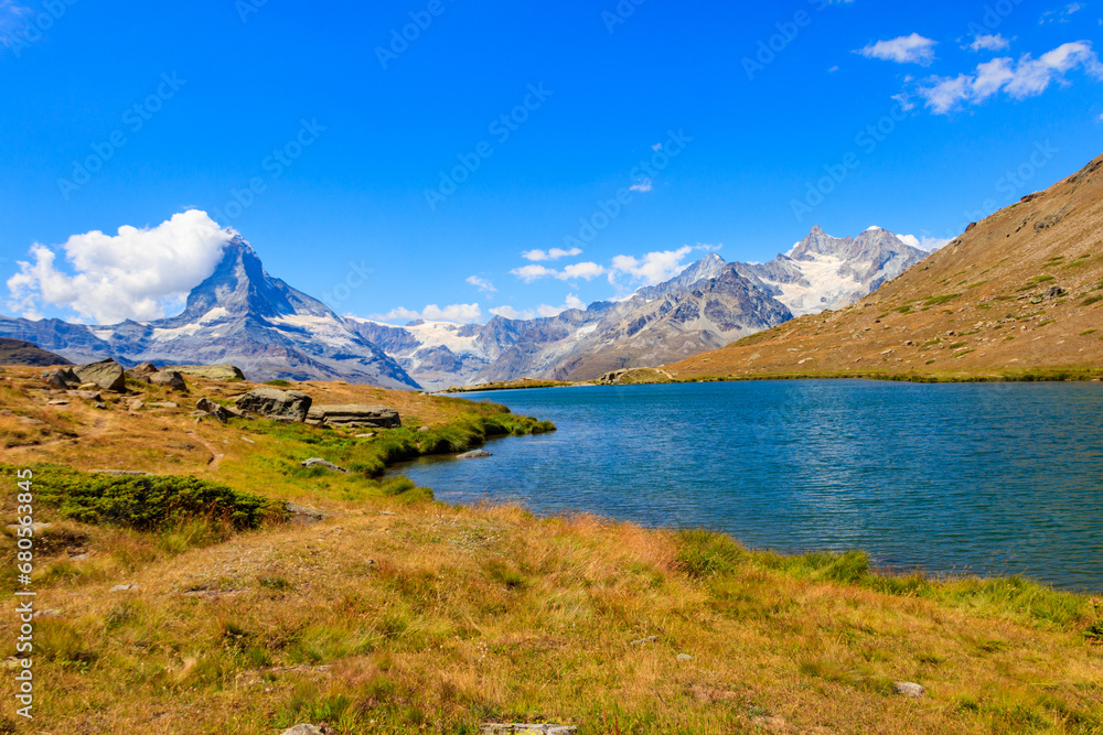 View of Stelli Lake (Stellisee) and Matterhorn mountain at summer in Zermatt, Swiss Alps, Switzerland