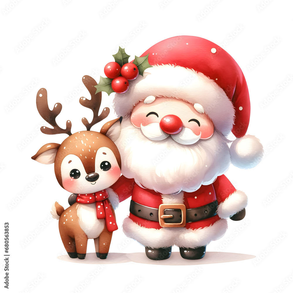 Cute Santa Claus and Reindeer in watercolor style Cute Santa Claus and Reindeer in watercolor style