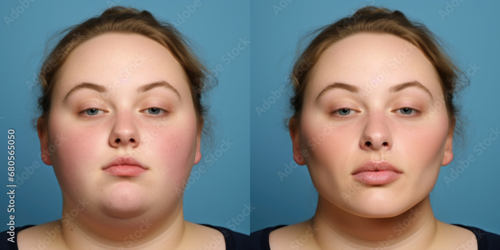 Before and after results of a woman with jawline surgery, submental liposuction and buccal fat removal for plastic surgery promo. - obrazy, fototapety, plakaty 