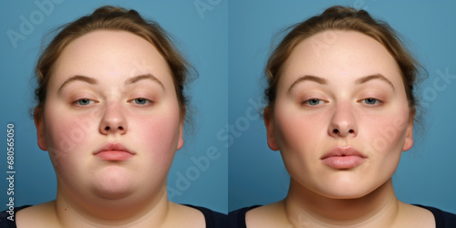 Before and after results of a woman with jawline surgery, submental liposuction and buccal fat removal for plastic surgery promo. photo