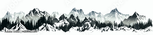 Rocky mountain vector shapes clipart on white background. Wide panoramic view. 