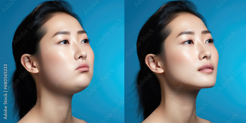 Before and after results of Asian woman with jawline surgery, chin implant and buccal fat removal for plastic surgery promo. - obrazy, fototapety, plakaty 