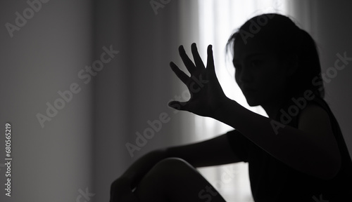 Fotografia, Obraz Stop sexual harassment and violence against women, rape and sexual abuse concept,  STOP gesture with hand, Stop drugs,  human rights violations, human trafficking, Copy space