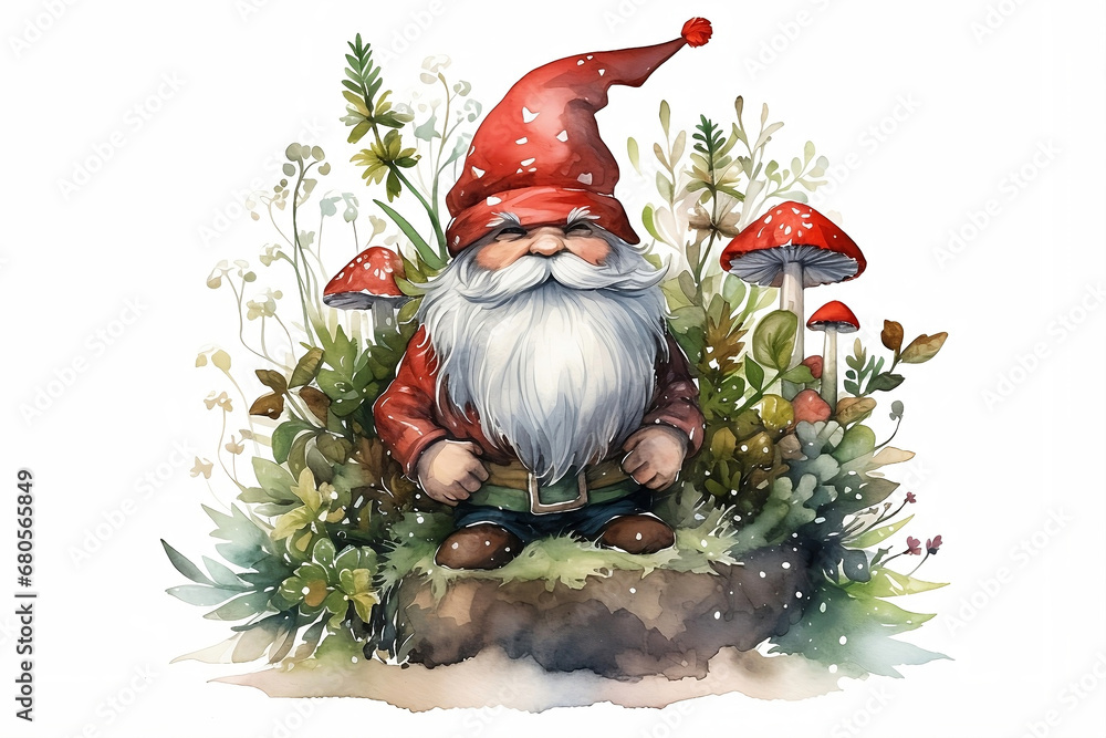 Cute gnome in a red hat with mushrooms and forest plants. Watercolor ...