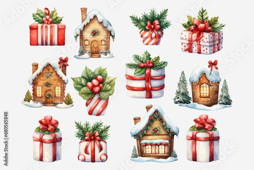 Christmas gingerbread house and gift box set collection, candy house. Watercolor style clipart, Vector illustration