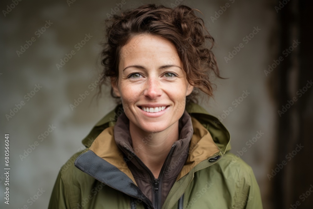 Portrait of a smiling woman in her 30s dressed in a water-resistant gilet against a bare concrete or plaster wall. AI Generation Portrait of a smiling woman in her 30s dressed in a water-resistant gilet against a bare concrete or plaster wall. AI Generation