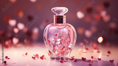 Exquisite Female Perfume Bottle: Valentine's Day-Themed Design with a Pink Palette, Hearts - Ideal for Banners, Wallpapers, and Backgrounds, Enhancing Elegance and Romance