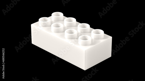 Gardenia Plastic Lego Block Isolated on a Black Background. Children Toy Brick, Perspective View. Close Up View of a Game Block for Constructors. 3D Rendering. 8K Ultra HD, 7680x4320, 300 dpi