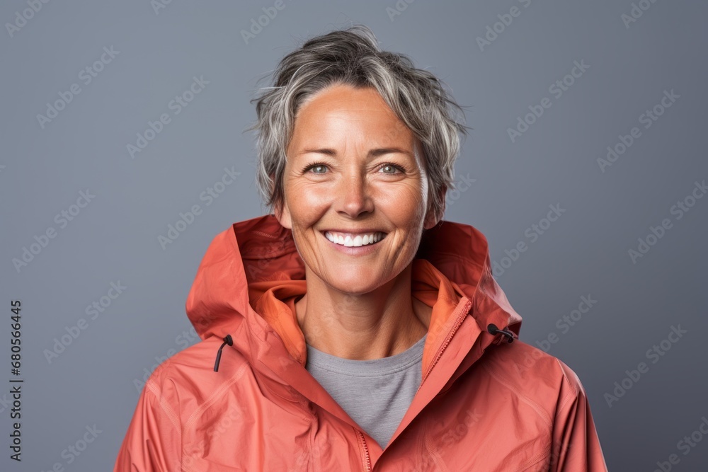 Portrait of a smiling woman in her 50s wearing a lightweight packable anorak against a blank studio backdrop. AI Generation Portrait of a smiling woman in her 50s wearing a lightweight packable anorak against a blank studio backdrop. AI Generation