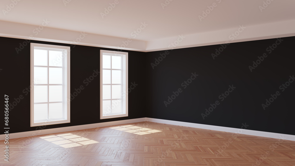 Fototapeta premium Beautiful Room with Black Walls, Two Windows, White Ceiling and Cornice, Glossy Herringbone Parquet Floor and a White Plinth. Beautiful Room Concept. 3D rendering, 8K Ultra HD, 7680x4320, 300 dpi