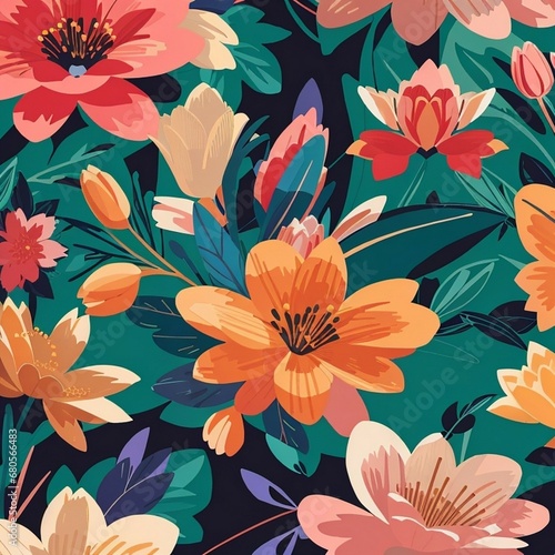 Seamless Flower Leaf Pattern Floral Wallpaper Background Vector Design. Decorative Summer Fabric Illustration. Spring Textile Ornament Retro Vintage Decoration Art.Nature Abstract  Texture Graphic