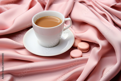 White cup of coffee and macaroons on pink silk fabric