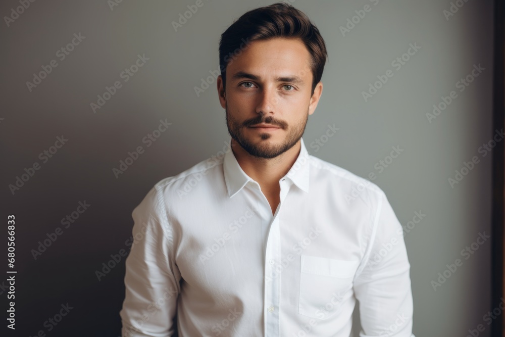 Portrait of a content man in his 30s wearing a classic white shirt against a light wood minimalistic setup. AI Generation Portrait of a content man in his 30s wearing a classic white shirt against a light wood minimalistic setup. AI Generation