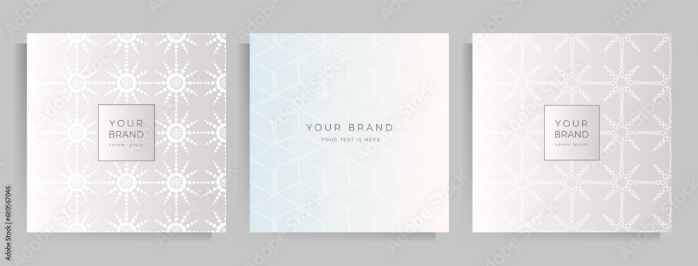 Cover template design for your menu, invitation, folder, notebook, postcard. Elegant geometric pattern in silver color with space for your text. Square format. Vector illustration. Cover template design for your menu, invitation, folder, notebook, postcard. Elegant geometric pattern in silver color with space for your text. Square format. Vector illustration.