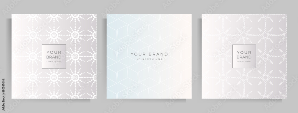 Cover template design for your menu, invitation, folder, notebook, postcard. Elegant geometric pattern in silver color with space for your text. Square format. Vector illustration.