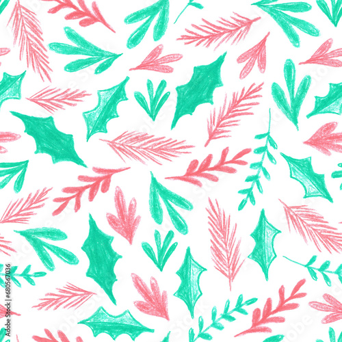 Hand drawn pastel chalk xmas background with different red and green holly leaves on white.Christmas  X-mas  New year design element for print wrapper  cards