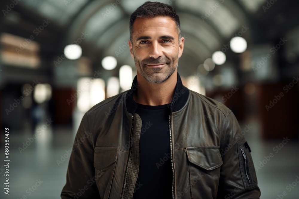 Portrait of a merry man in his 40s wearing a trendy bomber jacket against a empty modern loft background. AI Generation Portrait of a merry man in his 40s wearing a trendy bomber jacket against a empty modern loft background. AI Generation
