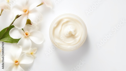 whitening and moisturizing Face cream in an open glass jar and flowers on white background. Set for spa  skin care and body products and solutions for skin problems such as scars  acne  wrinkles.