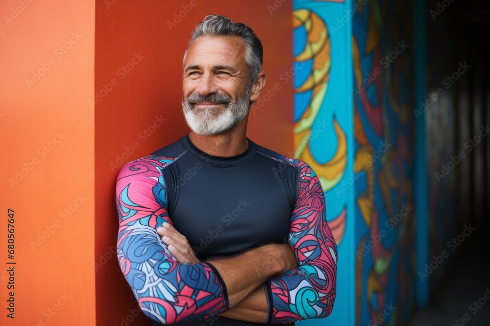 Portrait of a blissful man in his 50s showing off a vibrant rash guard against a empty modern loft background. AI Generation Portrait of a blissful man in his 50s showing off a vibrant rash guard against a empty modern loft background. AI Generation
