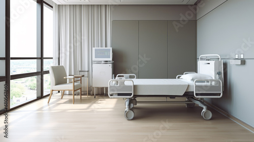 Modern hospital room with large windows  a calming color palette  and medical technology. Generative AI