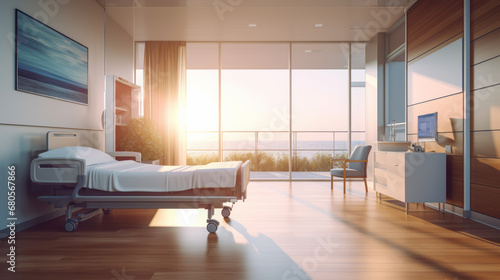 Hospital room at golden hour with sleek design and seaside view. Premium healthcare experience with a warm ambiance. Generative AI