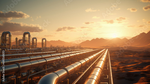 Desert pipeline leading to an industrial complex at sunset, energy distribution theme. Generative AI