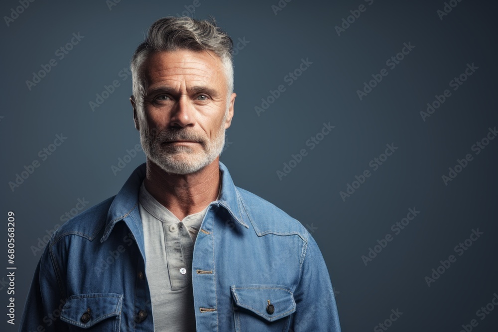 Portrait of a glad man in his 50s sporting a versatile denim shirt against a plain white digital canvas. AI Generation Portrait of a glad man in his 50s sporting a versatile denim shirt against a plain white digital canvas. AI Generation
