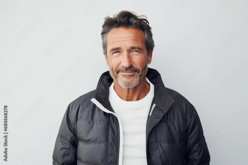 Obraz premium Portrait of a merry man in his 50s sporting a long-sleeved thermal undershirt against a plain white digital canvas. AI Generation