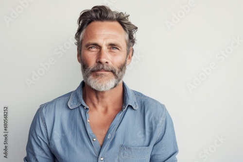 Portrait of a glad man in his 50s sporting a versatile denim shirt against a plain white digital canvas. AI Generation