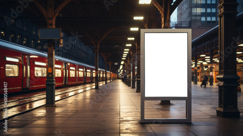 Vintage train station scene with moving train and lit advertisement kiosk. Transit dynamic and advertising concept Generative AI photo