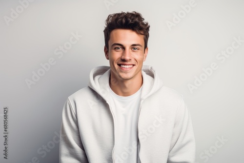 Portrait of a smiling man in his 20s wearing a zip-up fleece hoodie against a plain white digital canvas. AI Generation