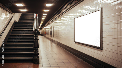 Subway station staircase leading to tiled platform with blank advertising billboard. Urban transit scene. Generative AI