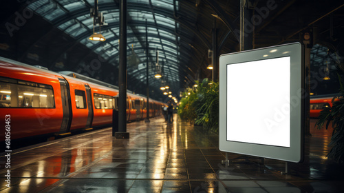 Modern railway station with a red train and an illuminated advertisement stand. Public transport and ad space concept Generative AI