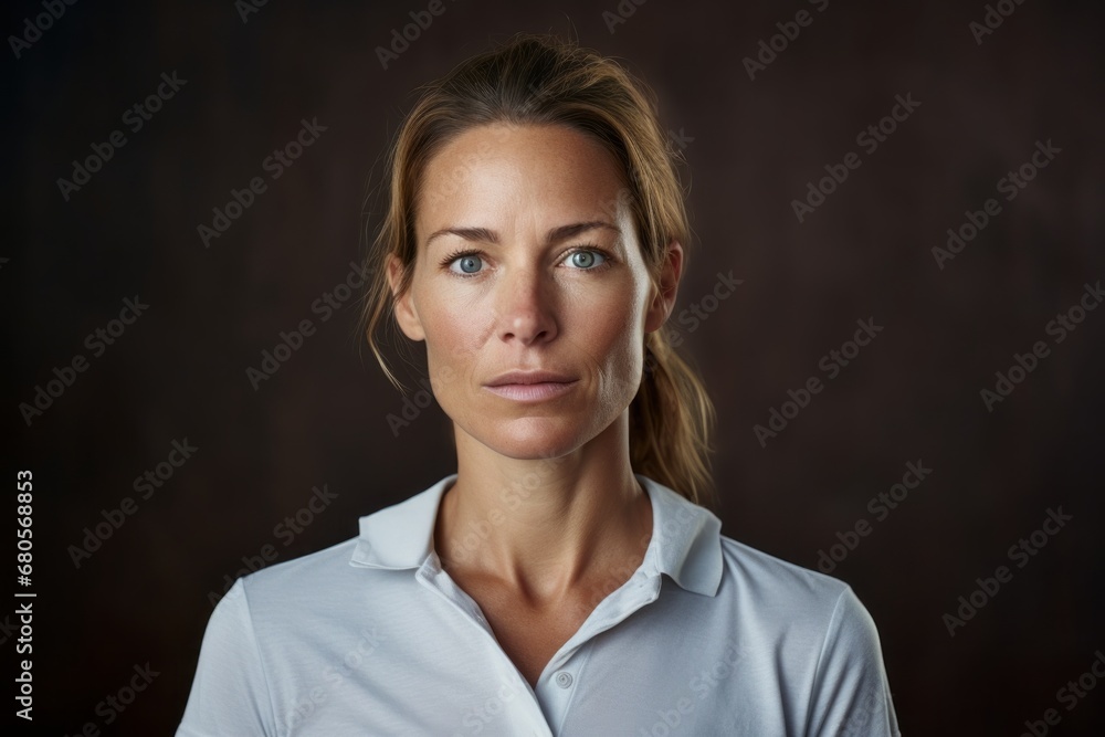 Portrait of a content woman in her 40s wearing a sporty polo shirt against a bare monochromatic room. AI Generation Portrait of a content woman in her 40s wearing a sporty polo shirt against a bare monochromatic room. AI Generation