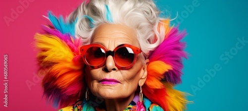 Vibrant carnival mask on elderly woman with copy space on solid color studio background