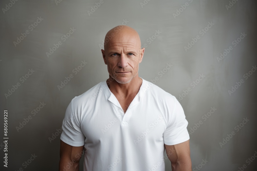 Portrait of a content man in his 50s wearing a simple cotton shirt against a bare monochromatic room. AI Generation Portrait of a content man in his 50s wearing a simple cotton shirt against a bare monochromatic room. AI Generation