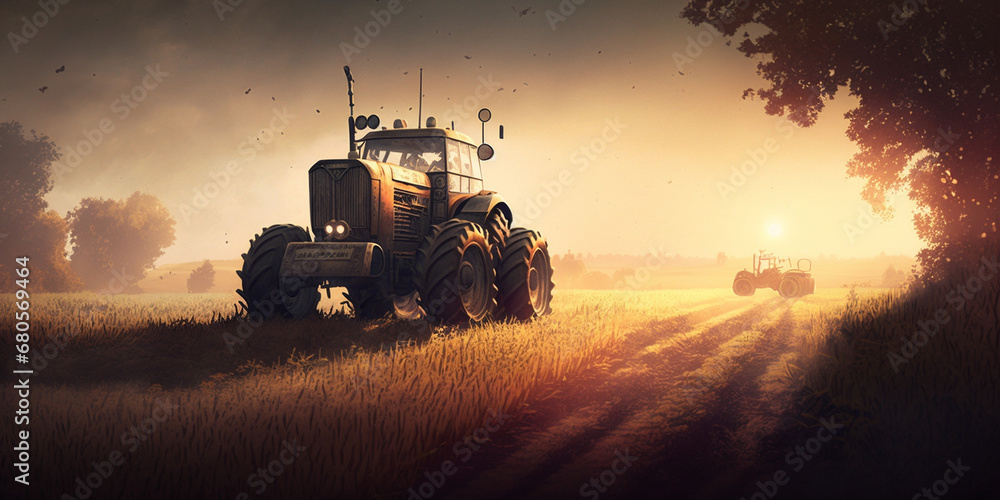 Fototapeta premium tractor in the field at sunset.Generative AI