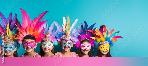 Kids wearing colorful carnival masks on solid background with copy space for text placement