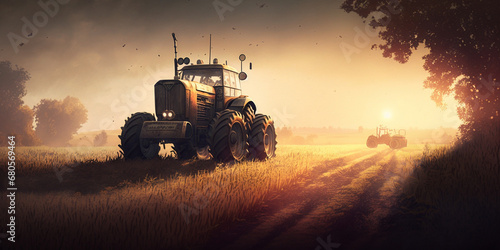 tractor in the field at sunset.Generative AI